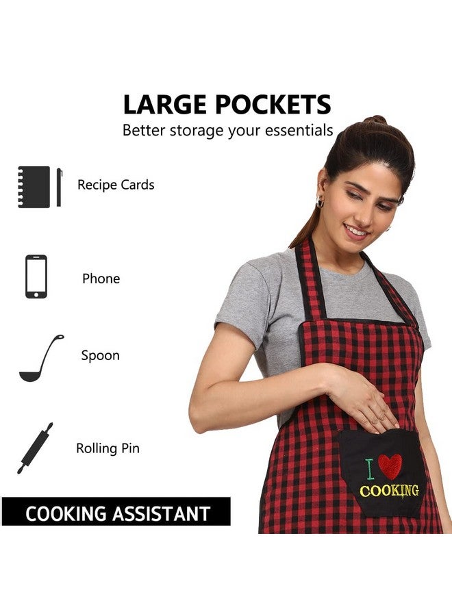 JMi Cotton Checkered Design Waterproof Apron with Multipurpose Front Large Embroidered Pocket Pack of 2 (RED BLUE) - Image 2