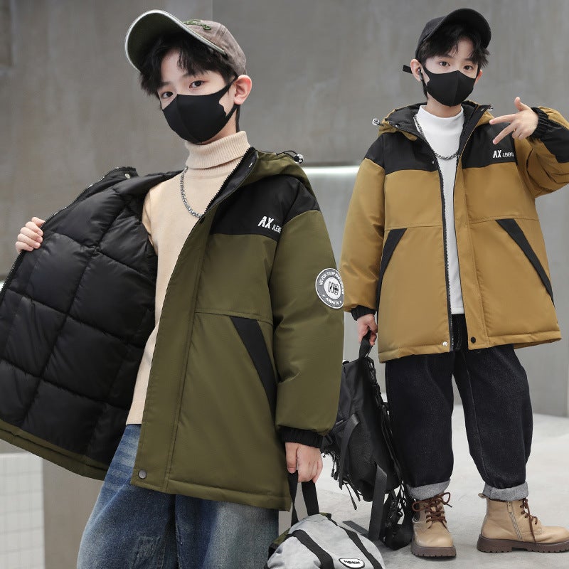 Children'S Clothing 2023 New Boys' Mid-Length Color Matching Letters Thickened Down Cotton-Padded Coat Korean Style Children'S Hooded Coat Fashion - Image 3