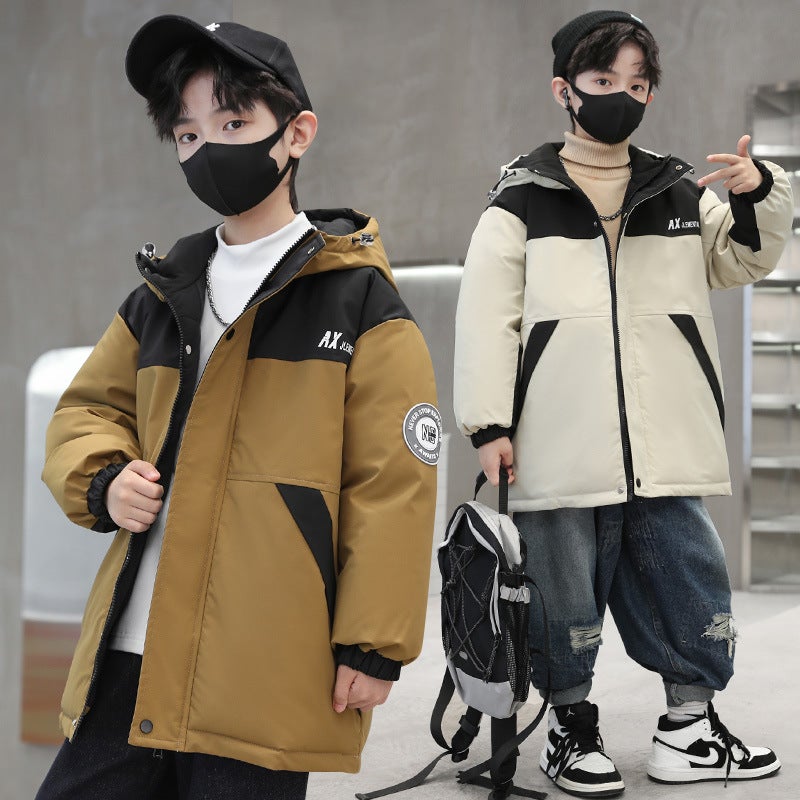 Children'S Clothing 2023 New Boys' Mid-Length Color Matching Letters Thickened Down Cotton-Padded Coat Korean Style Children'S Hooded Coat Fashion - Image 2