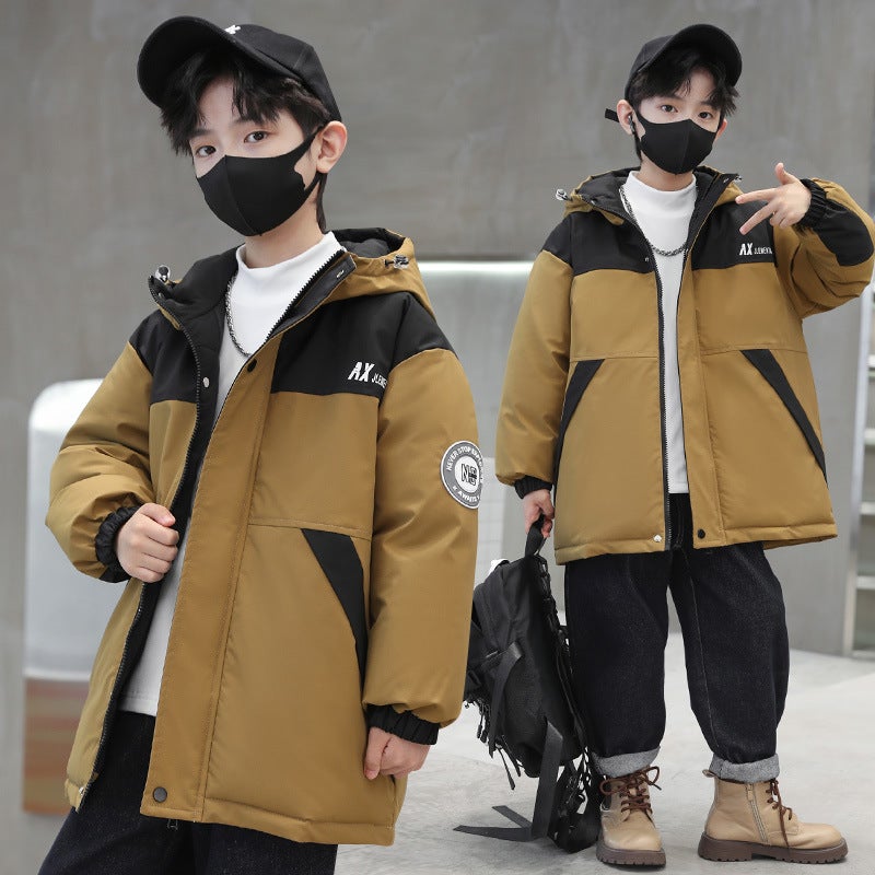 Children'S Clothing 2023 New Boys' Mid-Length Color Matching Letters Thickened Down Cotton-Padded Coat Korean Style Children'S Hooded Coat Fashion - Image 4