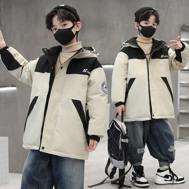 Children'S Clothing 2023 New Boys' Mid-Length Color Matching Letters Thickened Down Cotton-Padded Coat Korean Style Children'S Hooded Coat Fashion - Image 5