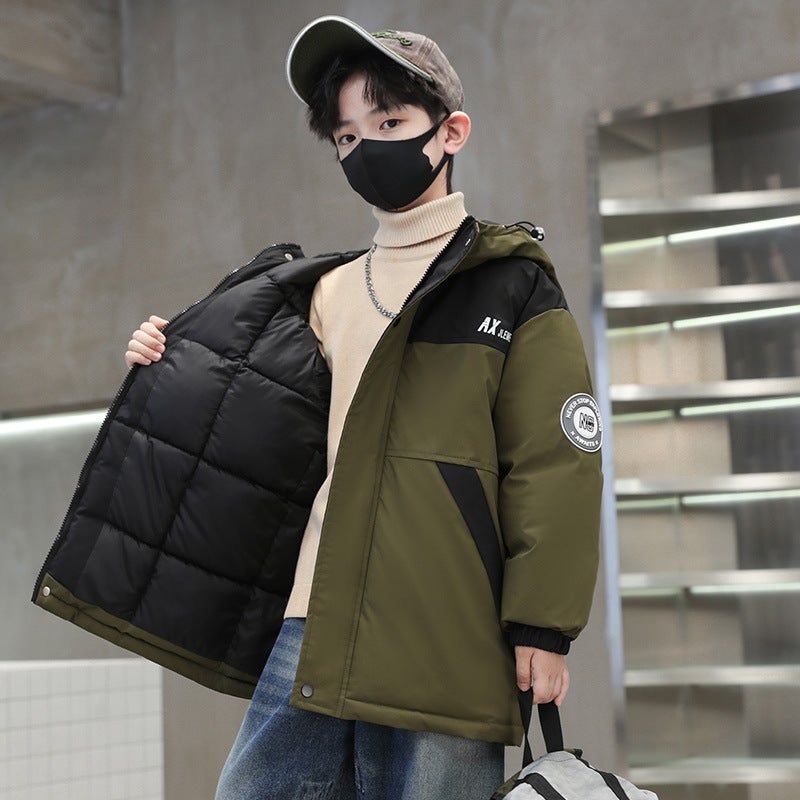 Children'S Clothing 2023 New Boys' Mid-Length Color Matching Letters Thickened Down Cotton-Padded Coat Korean Style Children'S Hooded Coat Fashion - Image 1