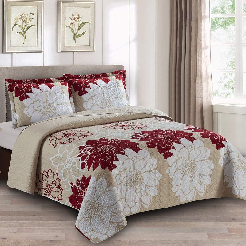 Royal Hotel Bedding Helena Burgundy Oversized Coverlet Set Luxury Printed Design Quilt Bedspread Set  Filled Quilts  Fits Pillow top Mattresses  3PC Set  King  Cal King Size 