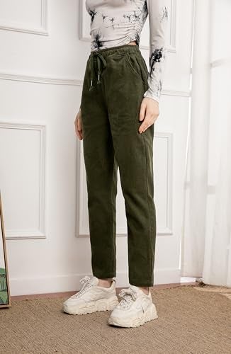 Minibee Women's Casual Corduroy Pants Comfy Pull on Elastic Waist Trousers Drawstring Cotton Pants Army Green M - Image 4