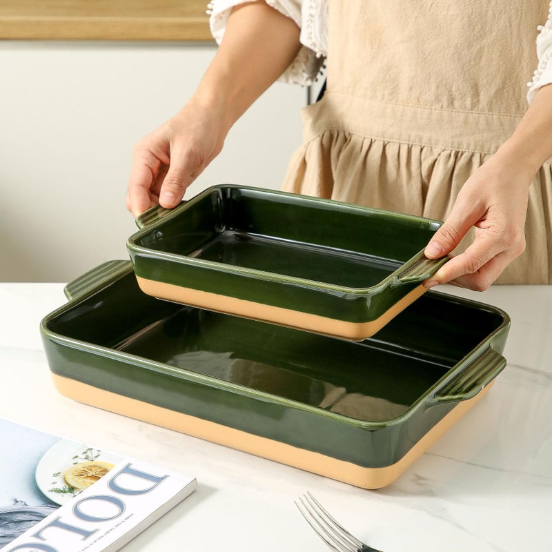 Howise Ceramic Baking Casserole Dish with Handles, Large 9x13 inch Pan and Middle Baking Pan - Porcelain Serving Bakeware Set (Forest Green) - Image 2