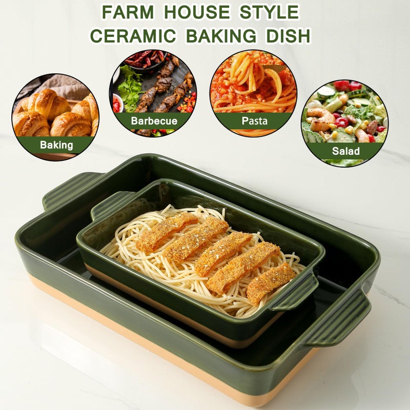 Howise Ceramic Baking Casserole Dish with Handles, Large 9x13 inch Pan and Middle Baking Pan - Porcelain Serving Bakeware Set (Forest Green) - Image 4