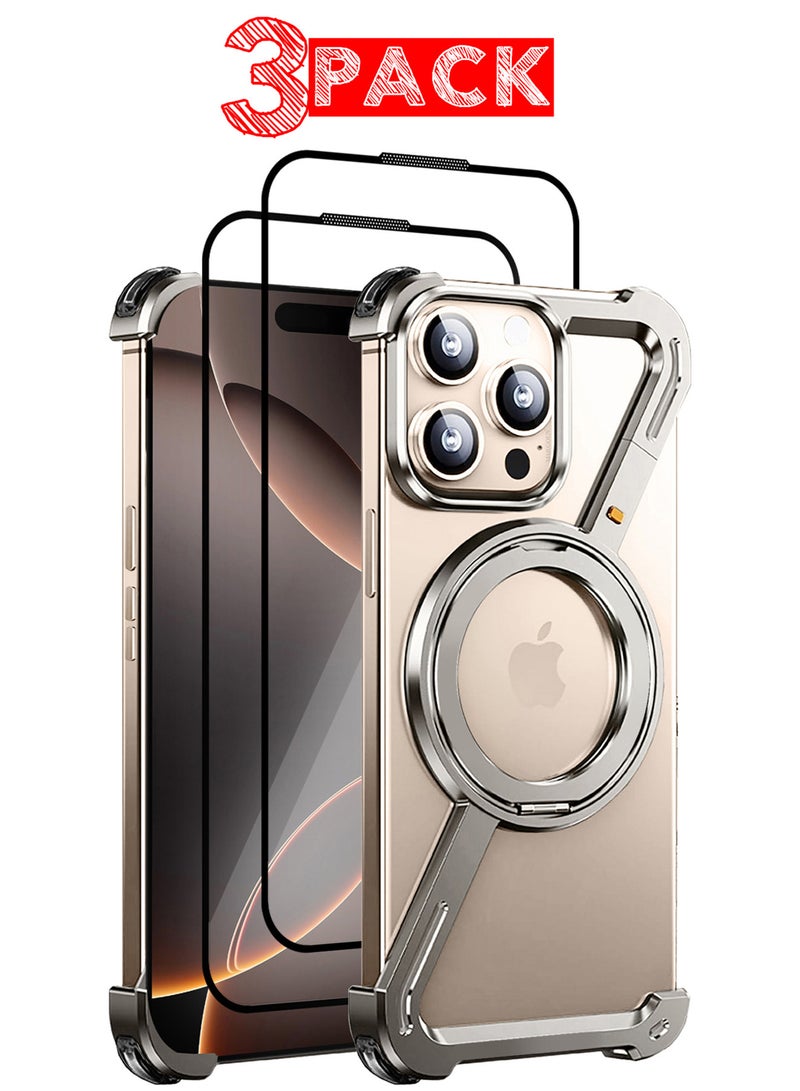 (لـ iPhone 16 Pro Max) حامل دوار 360°، من الألمنيوم والمعدن، بدون إطار، غلاف واقي بدرجة صدمة فضي - Image 1
