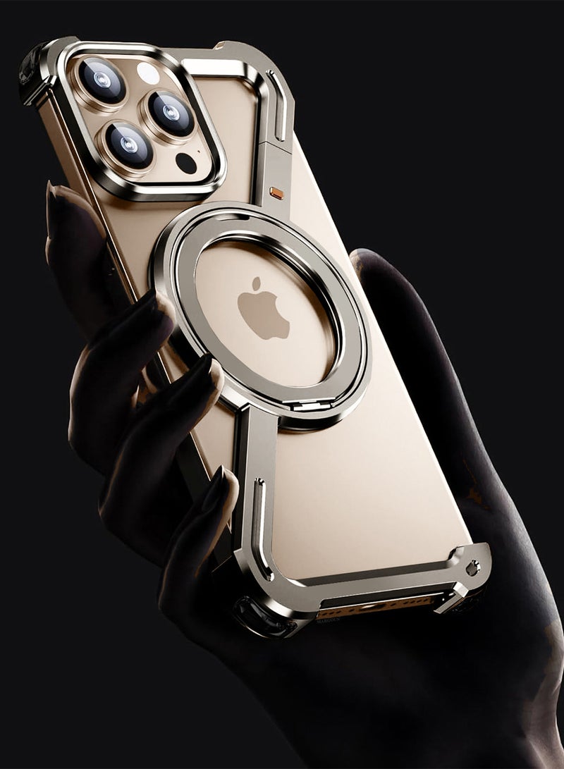 (لـ iPhone 16 Pro Max) حامل دوار 360°، من الألمنيوم والمعدن، بدون إطار، غلاف واقي بدرجة صدمة فضي - Image 3