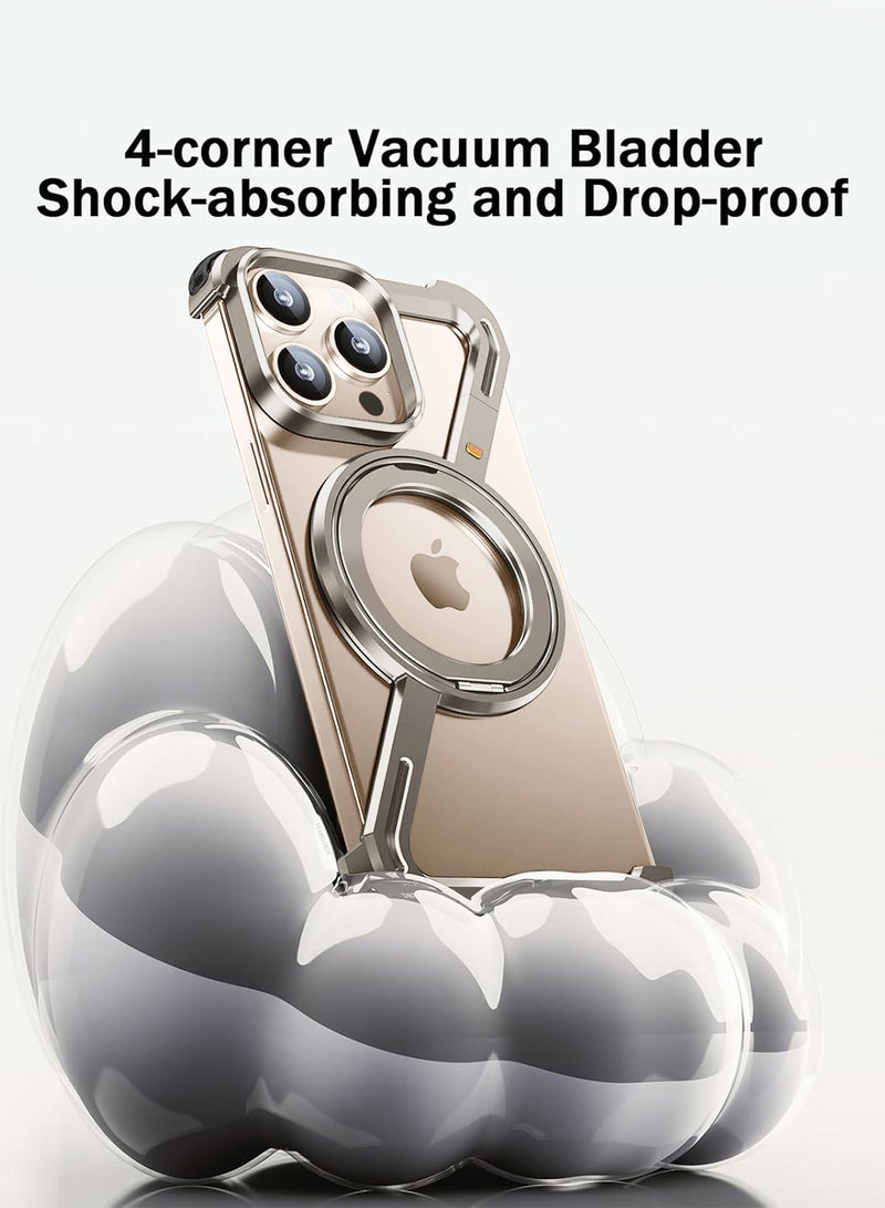 (لـ iPhone 16 Pro Max) حامل دوار 360°، من الألمنيوم والمعدن، بدون إطار، غلاف واقي بدرجة صدمة فضي - Image 4