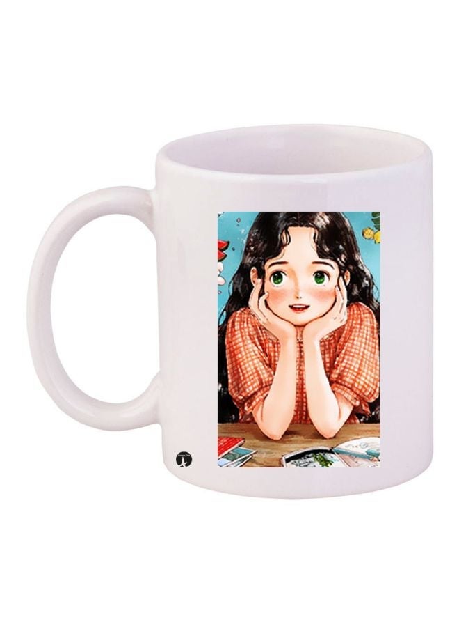 RYN Girl Printed Ceramic Coffee Mug White/Beige/Red 11ounce