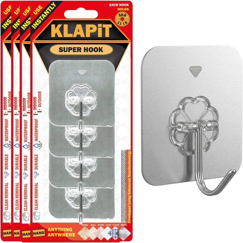 KLAPiT SUPER HOOK Heavy Duty Wall Hooks, Holds 11 pounds or 5Kg Weight Waterproof and Damage Free Strong Steel Hook For Wall, Tile, Wood, Stone, Glass, Metal with Clean Removal (16 pc, Silver) - Image 1