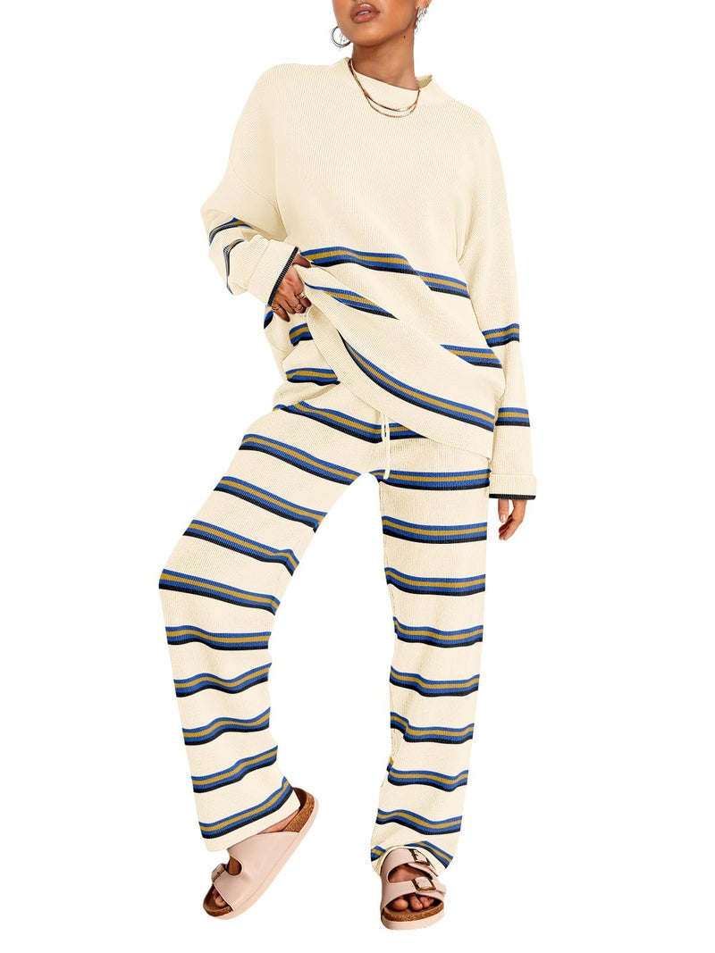 LILLUSORY 2 Piece Sets for Women 2025 Fall Outfits Two Piece Lounge Sets Sweatsuits Striped Knit Sweater Clothes Fashion StripesBeige S - Image 1