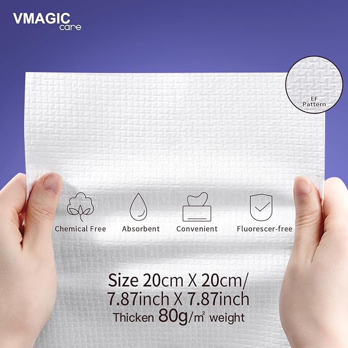 VMAGIC CARE منشفة وجه disposable 120 قطعة من قماش القطن مناديل وجه جافة مناشف للنساء فائقة النعومة مناشف نظيفة لغسل الوجه وإزالة المكياج 20x20 سم بنمط لؤلؤي - Image 5