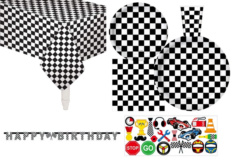 Oojami Serves 30 Essential Party Pack Black and White Checkered 9 Dinner Paper Plates 7 Dessert Paper Plates 9 oz Cups 3 Ply Napkins 1 Happy Birthday Banner 2 Table Cover 20 Photo Props - Image 2