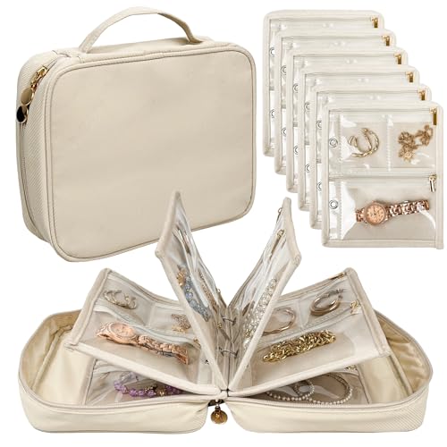 LingLingo Travel Jewelry Organizer Case,Jewelry Bags Jewelry Storage Book Binder with Clear Zipper Velvet Pouch for Traveling,Earrings, Rings, Necklace, Bracelet (White) - Image 1