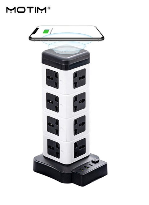 Tower Power Extension Cord 3 In 1 with 2500W Wireless Charger 16 DC Outlets 3 USB Outlets, 1.8m Long Extension Cord Power Strip with Cable Organizer Box
