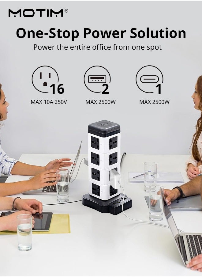 Motim - Tower Power Extension Cord 3 In 1 with 2500W Wireless Charger 16 DC Outlets 3 USB Outlets, 1.8m Long Extension Cord Power Strip with Cable Organizer Box - Image 1