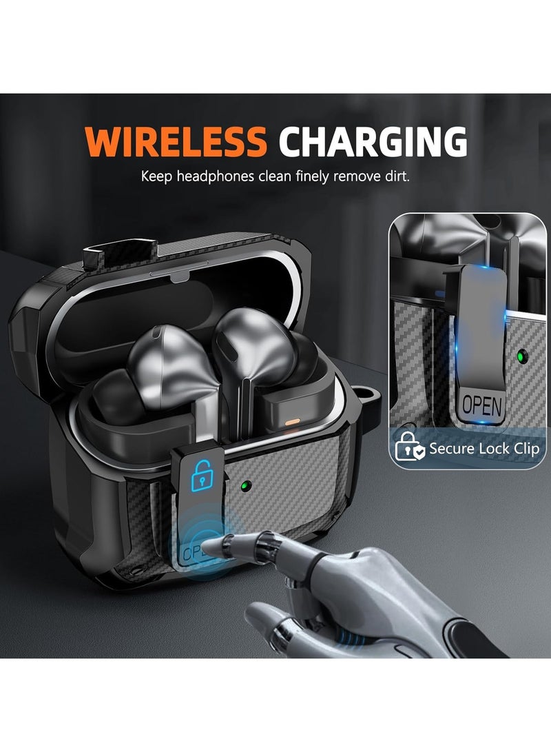 جراب غطاء بسطح حبيبي كربوني متوافق مع Samsung Galaxy Buds 3 Pro / Bud3 Lock Clip، جلد واقٍ مضاد للسقوط - أسود - Image 3
