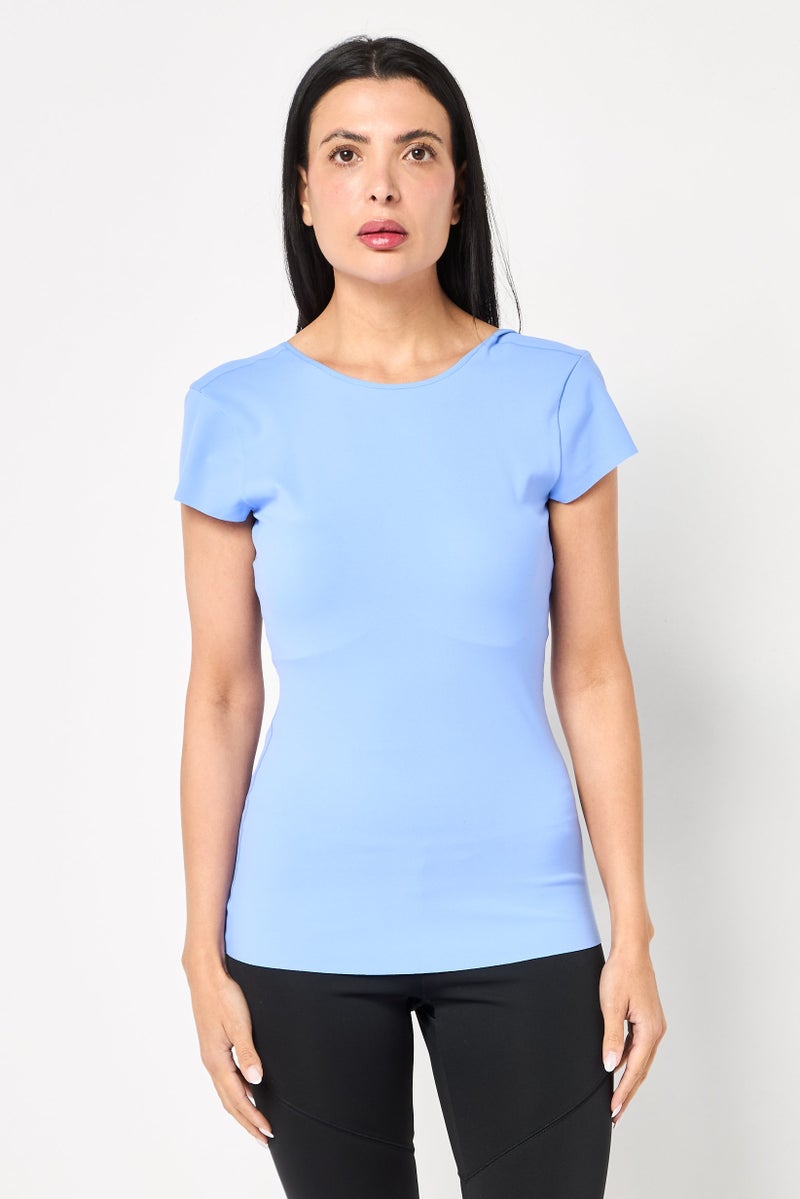 Nike Women Sportswear Fit Short Sleeve Yoga Top, Blue - Image 1