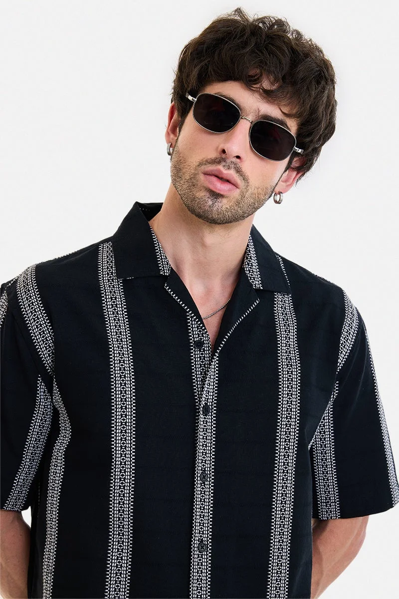 سنيتش Black Striped Half Sleeve Boxy Shirt