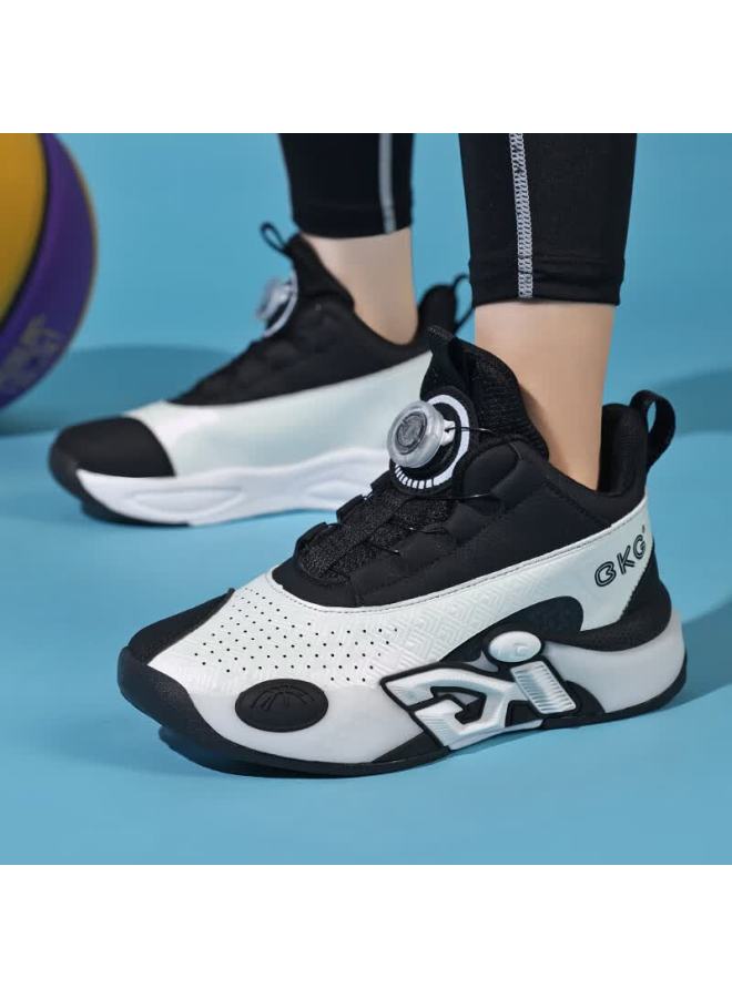Bkg Kids Basketball Shoes Boys Non-slip Sports Youth Leather Cushioning Sneakers Zyc25568 Black White Size 33 - Image 3