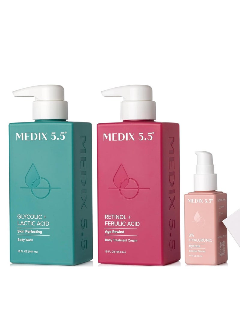 Medix 5.5 - MEDIX 5.5 Anti Aging Skin Care 3PC Set | Retinol Body Cream + Exfoliating AHA Glycolic Acid Foaming Face Wash & Body Wash + Hyaluronic Acid Serum Booster, Wash + Treat + Hydrate Skincare Set, 3PC Set - Image 1
