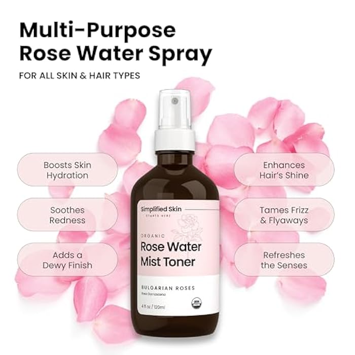 simplified skin Rose Water Spray for Face & Hair – Pure USDA Organic Rosewater Toner – Refreshing Mist for Skin Care, Makeup & Locs – Natural Rose Scent, 4 Oz - Image 3