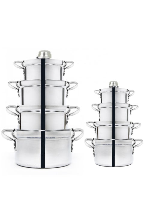 Set Of 8 Shiny Aluminum Pots With Two Handles Size 1.5L /2L /3 L / 4L / 5L / 6.5L/ 7.5L / 8.5 L