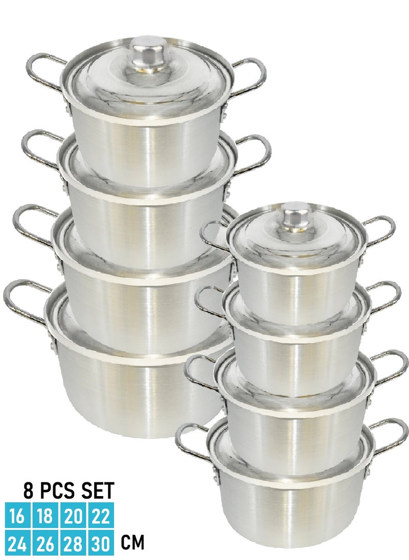 Set Of 8 Shiny Aluminum Pots With Two Handles Size 1.5L /2L /3 L / 4L / 5L / 6.5L/ 7.5L / 8.5 L