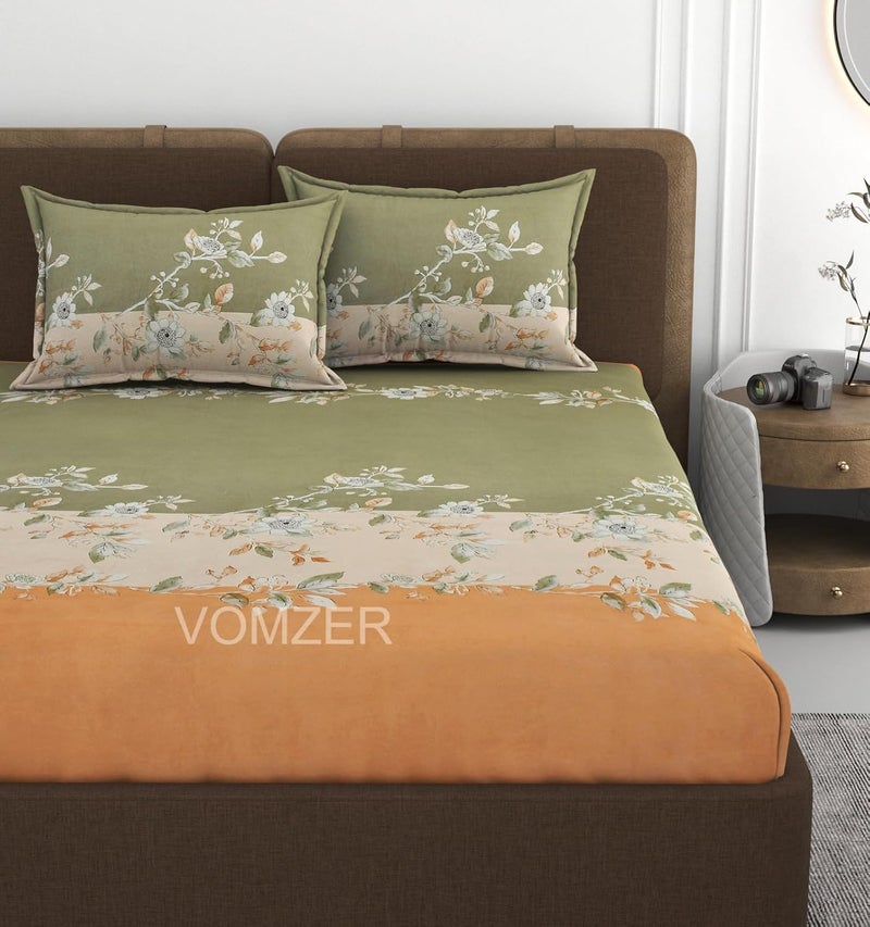 VOMZER 320 TC Cotton Feel All Around Elastic Fitted Bedsheets King Size, Premium Fitted Bedsheets King Size for Double Bed with 2 Pillow Covers, Size- 78” x 72” (Clovis Yellow) - Image 1