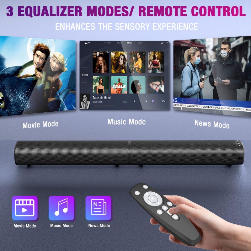 Puriom Sound Bar for Smart TV, 100W Sound Bar with Bluetooth 5.3/ARC/Opt/AUX Connect, 2-in-1 Detachable Home Soundbar, Home Theater Speaker & Bass Effect, for TV/PC/Projectors - Image 3