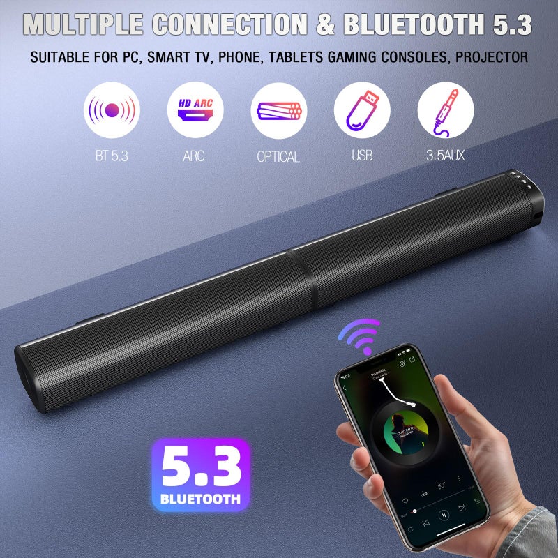 Puriom Sound Bar for Smart TV, 100W Sound Bar with Bluetooth 5.3/ARC/Opt/AUX Connect, 2-in-1 Detachable Home Soundbar, Home Theater Speaker & Bass Effect, for TV/PC/Projectors - Image 2