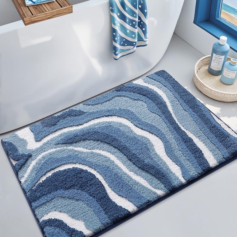LUMI Absorbent Bathroom Rug Non Slip Rubber Backing Machine Washable Wave Bath Mat Soft Premium Microfiber Beach Bath Rugs Quick Dry for Bathtub and Shower Floor 20x32