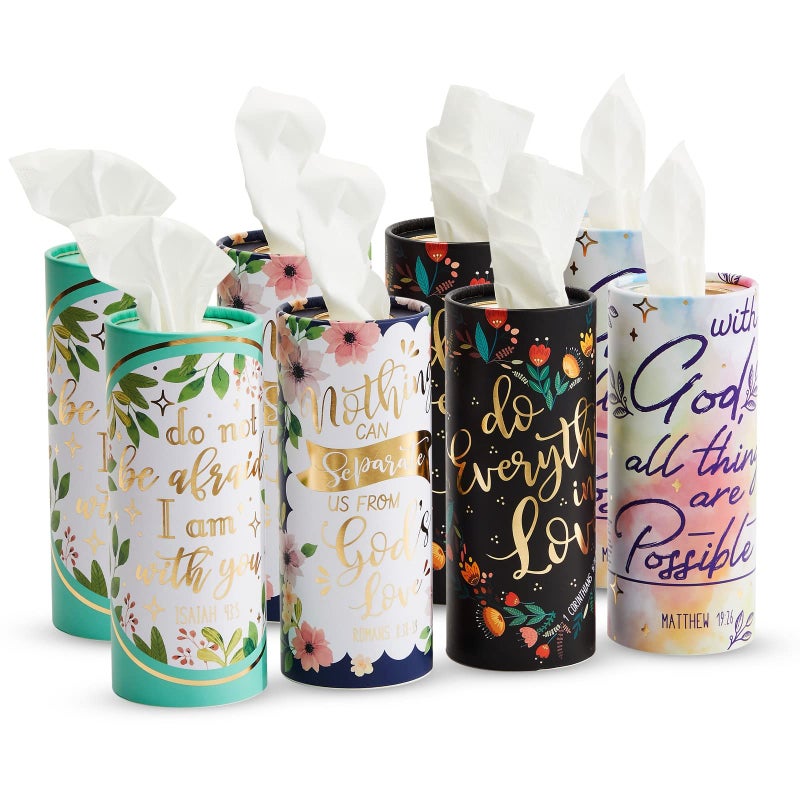 Zodaca 8-Pack Car Tissues Cylinder Boxes - Round Travel Wipes for Car Cup Holder (50 Tissues Per Container, Gold Foil Scripture Design) - Image 1