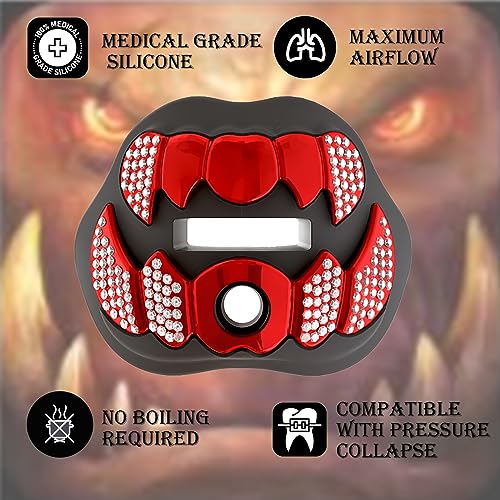 LeCool Football Mouth Guard with Connected Strap- 3D Beast Chrome Adult and Youth Mouth Guard-Mouth Piece for Sports for Maximum Air Flow and Teeth Protection (Black-Red, with Diamonds) - Image 3
