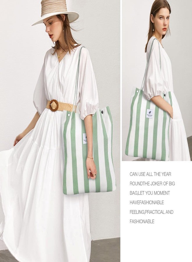 كون حقيبة حمل من قماش الكوردروي من Kawn®، حقيبة حمل أنيقة وجذابة من القماش للنساء، حقيبة كتف قابلة للغسل مع جيب داخلي، حقيبة مثالية للاستخدام اليومي للعمل والشاطئ والسفر والتسوق (مخططة باللون الأخضر). - Image 3