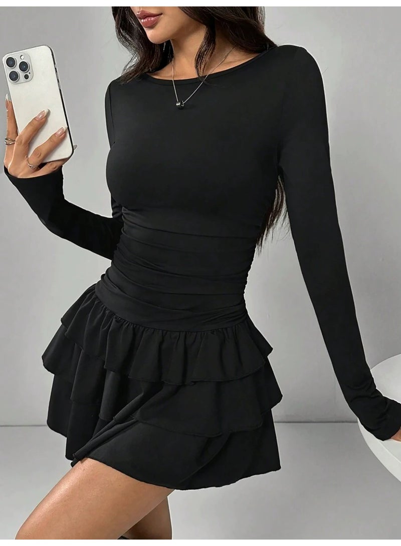 general Women Sexy Crew Neck Ruffle Hem Layered Mini Dress Y2k Slim Fit Long Sleeve Tiered A-Line Short Dress Fall Outfits - Image 1