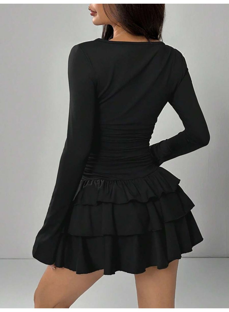 general Women Sexy Crew Neck Ruffle Hem Layered Mini Dress Y2k Slim Fit Long Sleeve Tiered A-Line Short Dress Fall Outfits - Image 2