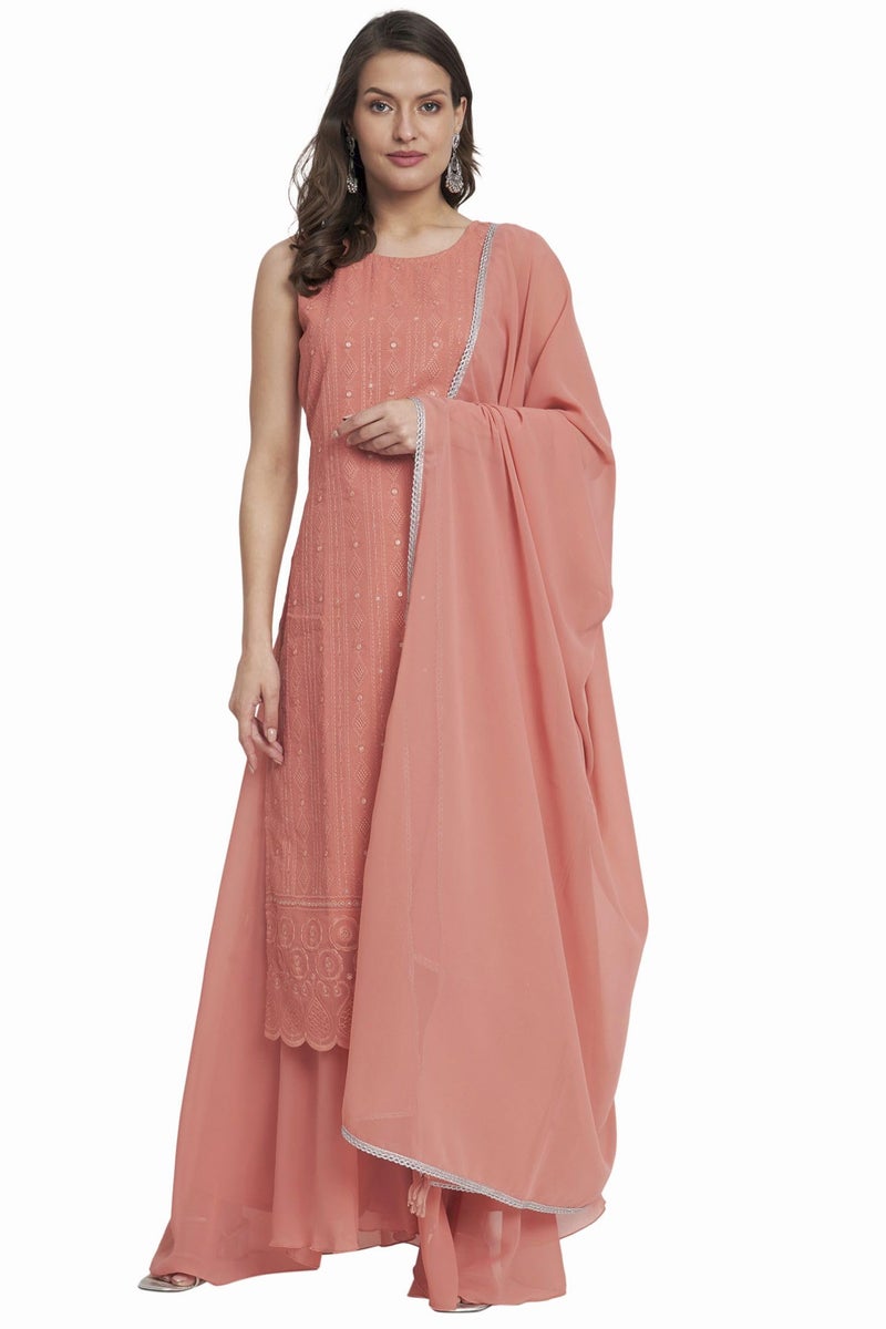 SHOPPING QUEEN Women's Georgette Straight Kurta Palazzo Set with Dupatta (A498_Dusty Orange_XL) - Image 1