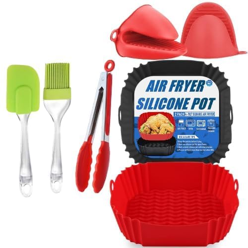DKP ENTERPRIZE Square Air Fryer Package 6 Pack Air Fryer Liners Accessories 85 inch 59 Qt Silicone BasketsPotsLiners with Oven Mitts Basting Brush and 9 Inch Tongs