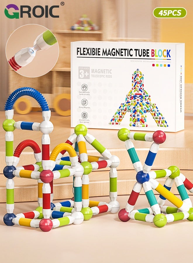 45PCS Magnetic Building Blocks, Retractable Magnetic Tube Building Blocks, Educational Construction Set for Kids Ages 3+, Colorful Magnetic Sticks and Balls for Creative Play, Twist and Build STEM Toy