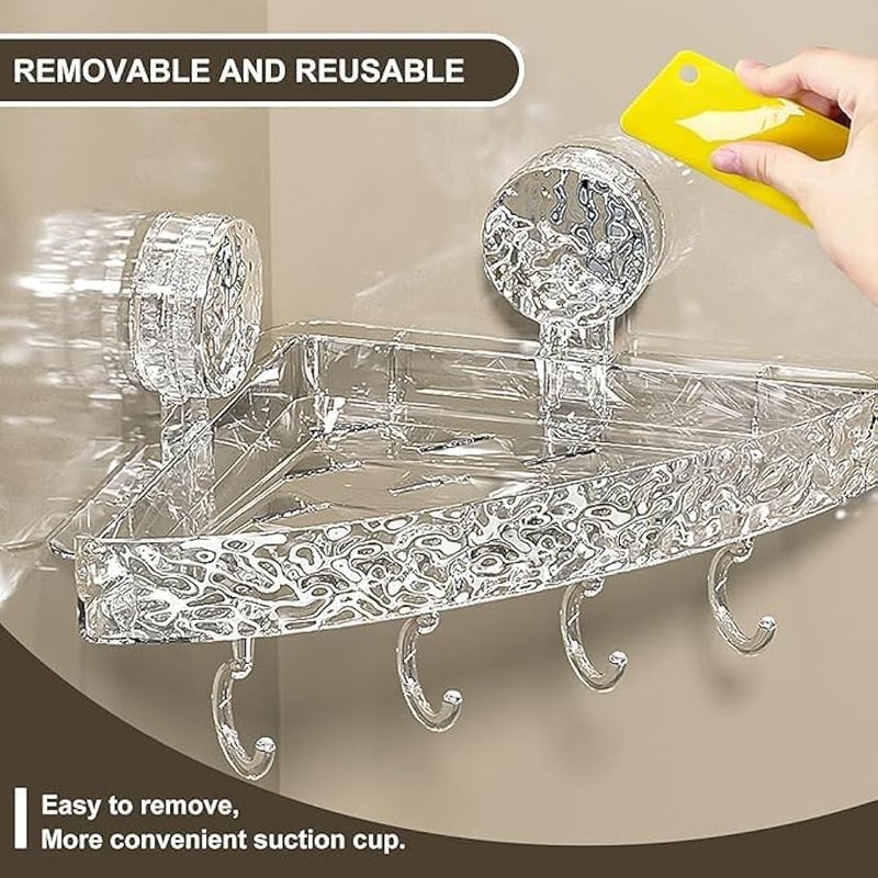 1 Pack Suction Corner Shower Caddy, Removable Suction Cup Shower Shelf Adhesive Bathroom Shower Organizer Detachable Shower Self with 4 Hooks Kitchen Caddy Spice Rack (Clear) - Image 3