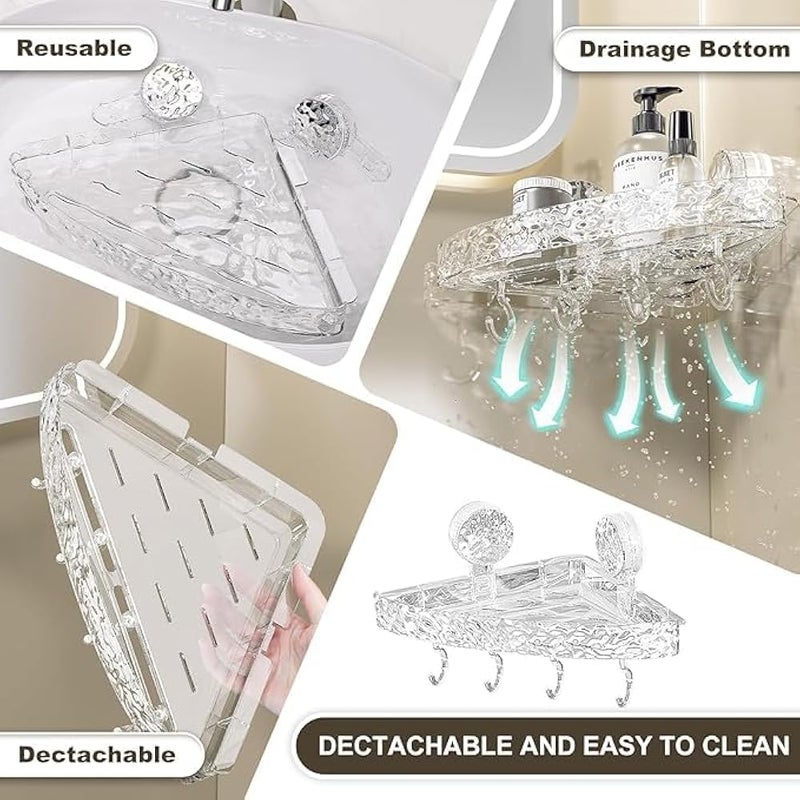 1 Pack Suction Corner Shower Caddy, Removable Suction Cup Shower Shelf Adhesive Bathroom Shower Organizer Detachable Shower Self with 4 Hooks Kitchen Caddy Spice Rack (Clear) - Image 4
