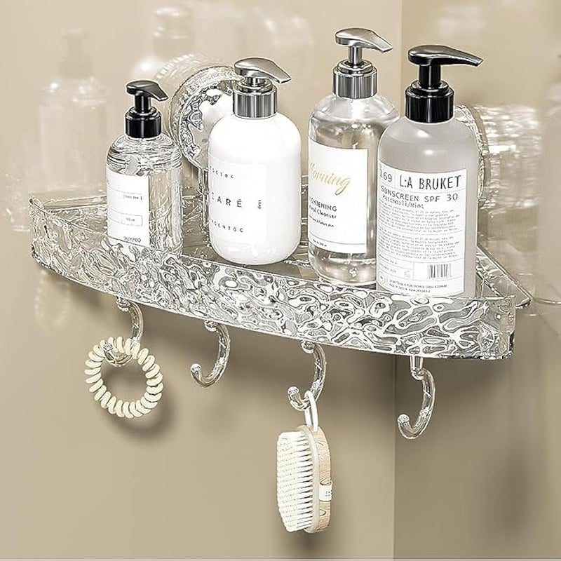 1 Pack Suction Corner Shower Caddy, Removable Suction Cup Shower Shelf Adhesive Bathroom Shower Organizer Detachable Shower Self with 4 Hooks Kitchen Caddy Spice Rack (Clear) - Image 1