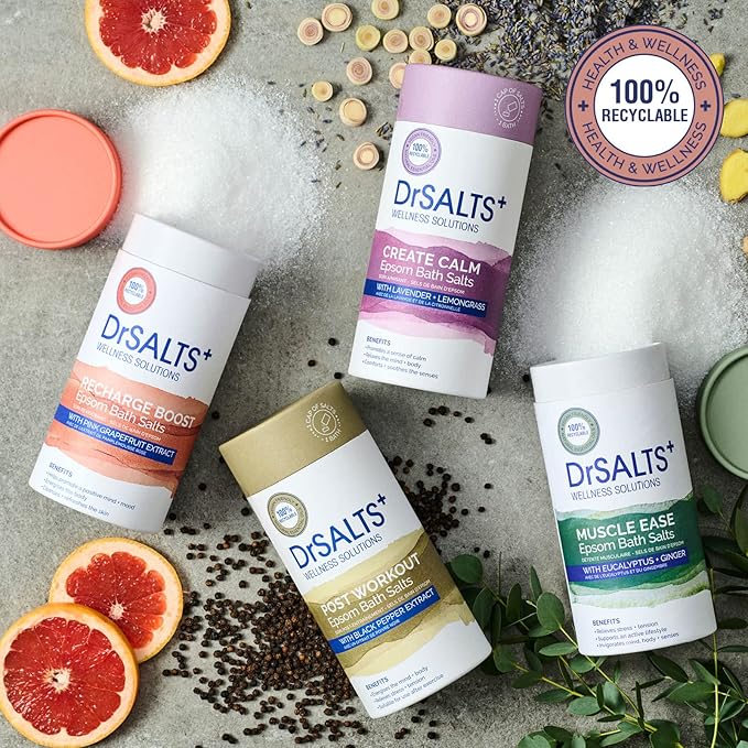 DrSALTS Recharge Boost Epsom Salts Invigorating Epsom Bath Salts to Rejuvenate Mind Body with Pink Grapefruit Essential Oils Vegan CrueltyFree 750g