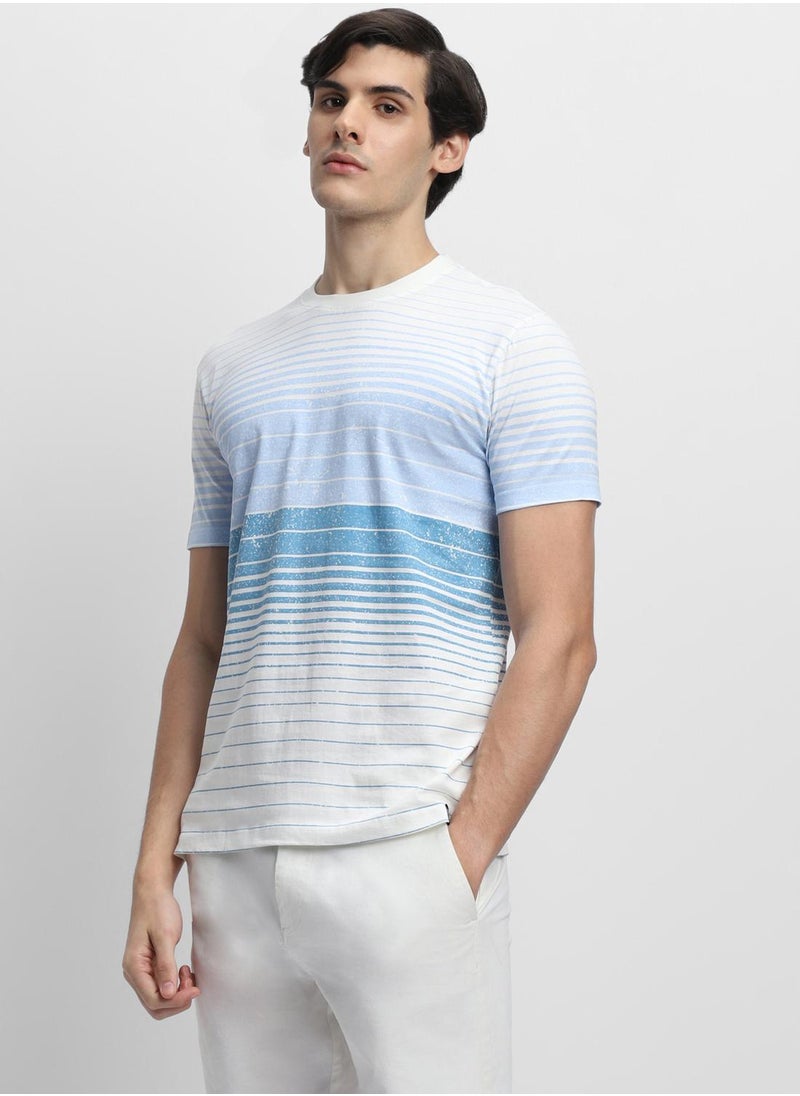 Dennis Lingo - White Slim Fit Striped Crew Neck T-shirt for Men - 100% Cotton, Short Sleeve, Casual - Image 1