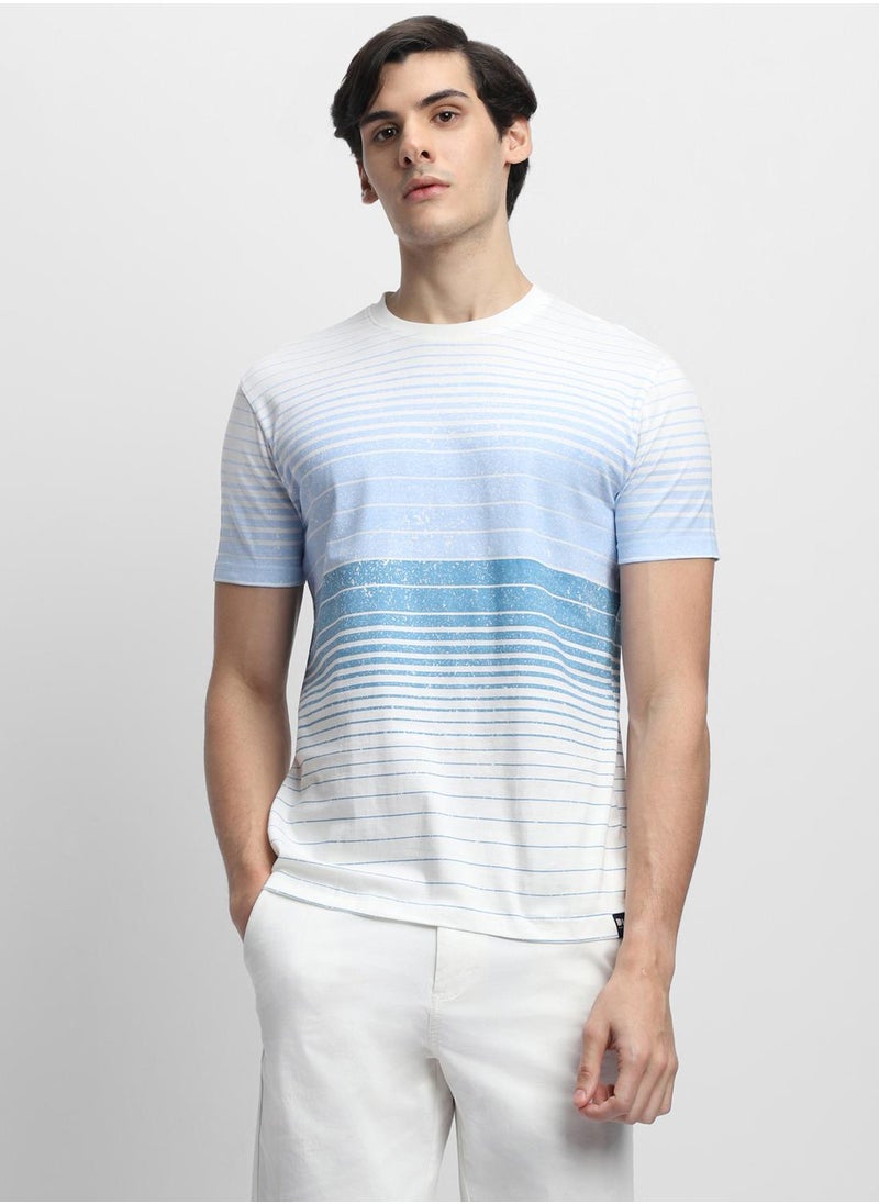 Dennis Lingo - White Slim Fit Striped Crew Neck T-shirt for Men - 100% Cotton, Short Sleeve, Casual - Image 1