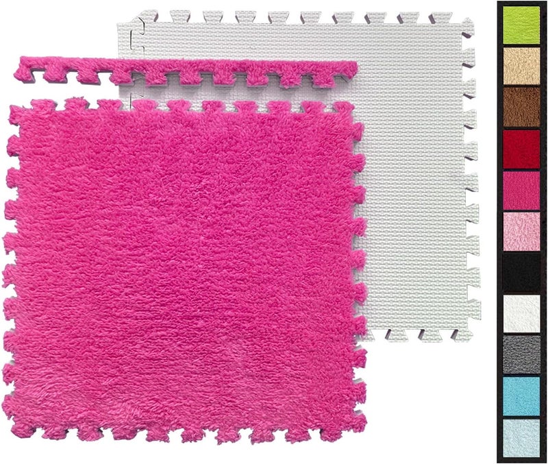 HUIDUO 12 Pcs Kids Foam Interlocking Carpet Tiles with Border, Thick Carpet Squares Plush Floor Playmats Baby Crawling Rug - 12" x 12" x 0.4",Hotpink - Image 1