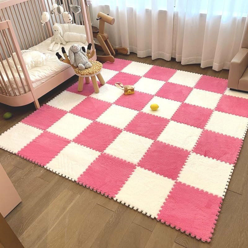 HUIDUO 12 Pcs Kids Foam Interlocking Carpet Tiles with Border, Thick Carpet Squares Plush Floor Playmats Baby Crawling Rug - 12" x 12" x 0.4",Hotpink - Image 5