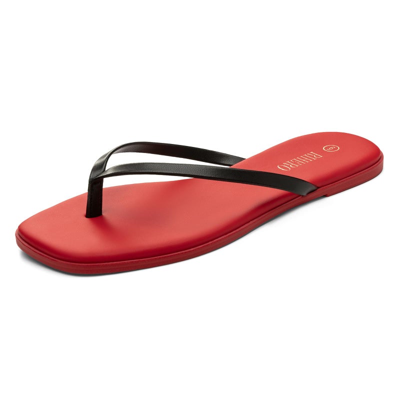 Rihero Flip Flops for Women Casual Square Toe Flat Beach Thong Sandals Lightweight Slip On for Summer Walking Red-Black Size 10 - Image 1